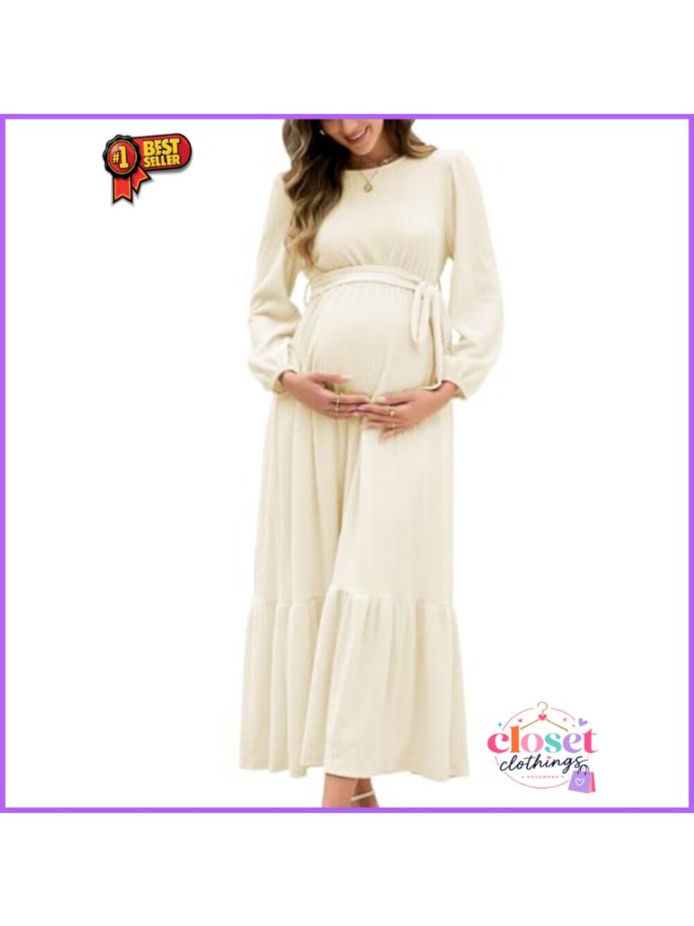 Maternity Maxi Dress Long Sleeve Crew Neck Belted Pregnancy Gown with Pockets